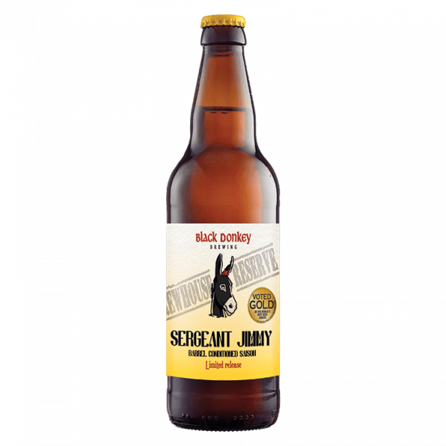 A bottle of Sergeant Jimmy, barrel aged Irish craft beer