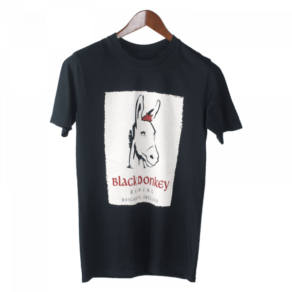 Black t-shirt printed with Black Donkey Brewing craft brewery logo, in white and red