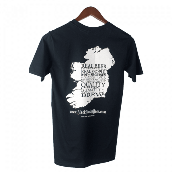 Black t-shirt printed with Black Donkey Brewing craft brewery logo, in white