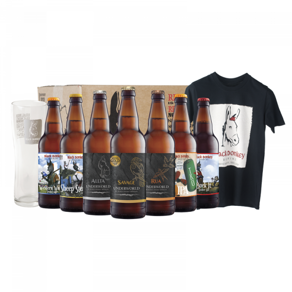 A mixed case of Black Donkey beer with a t-shirt and a glass