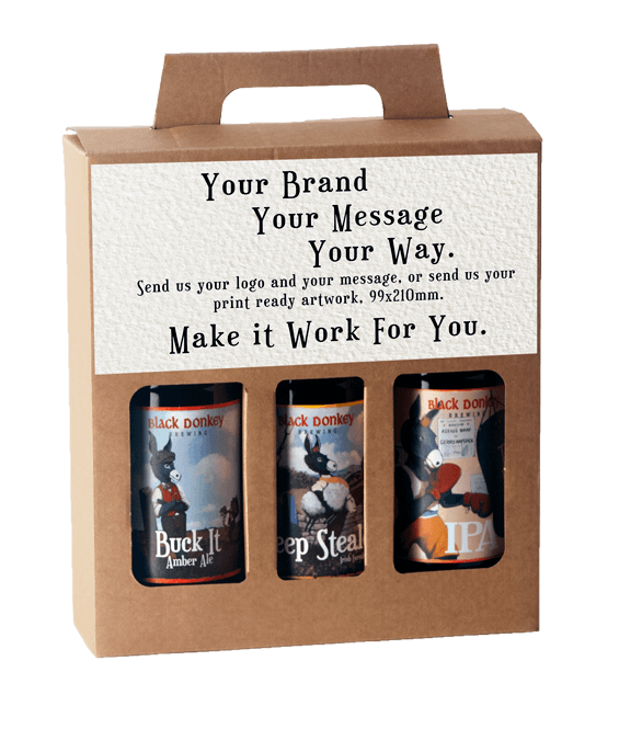 a three pack customizable corporate gift pack containing three black donkey beers.
